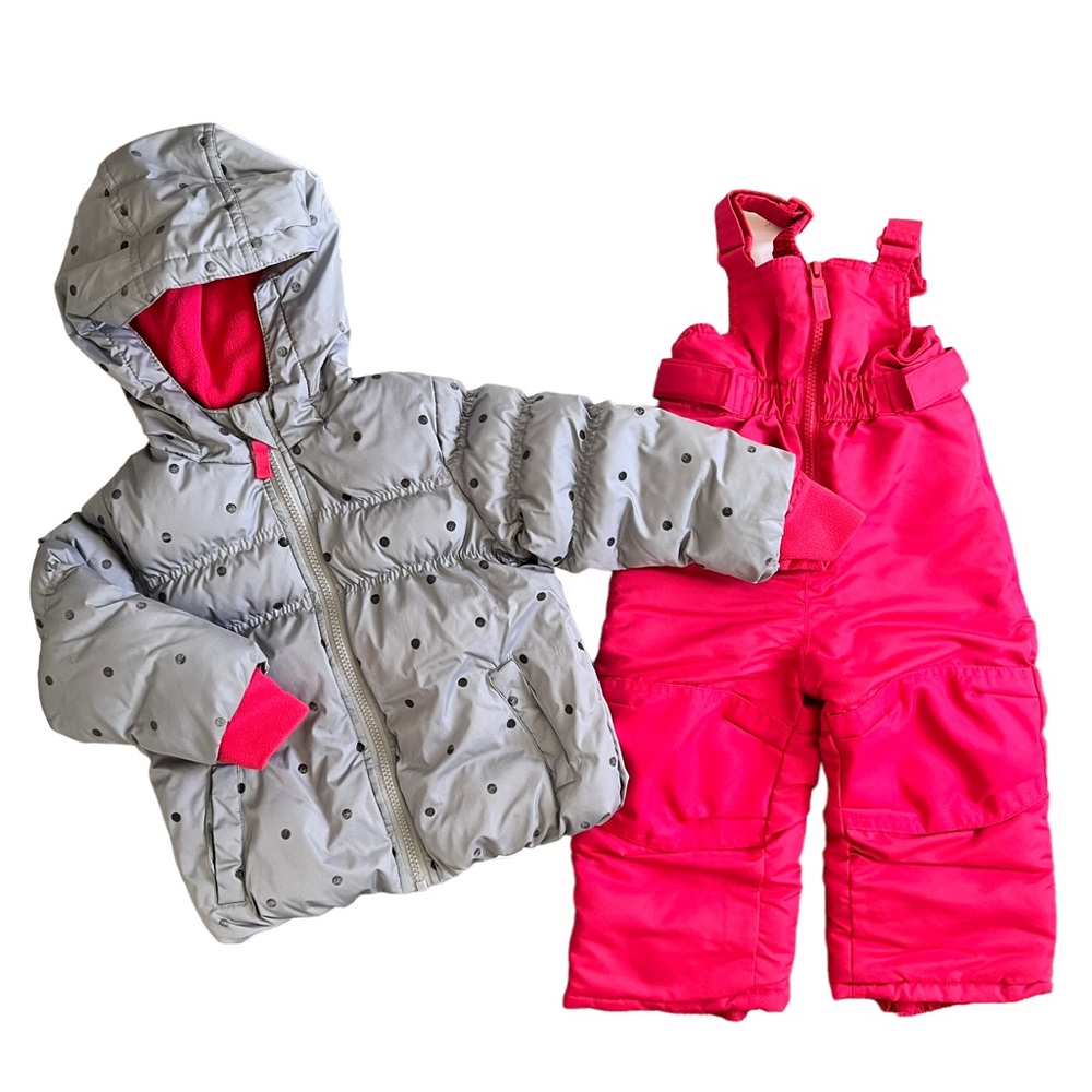 Cherokee Set Snow Pants & Puffer Jacket Polka Dot Gray Pink Sz 18 Months
